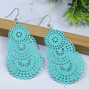 Women Hollow Out Drop Earring-Lightweight Metal-Turquoise Teardrop NWT